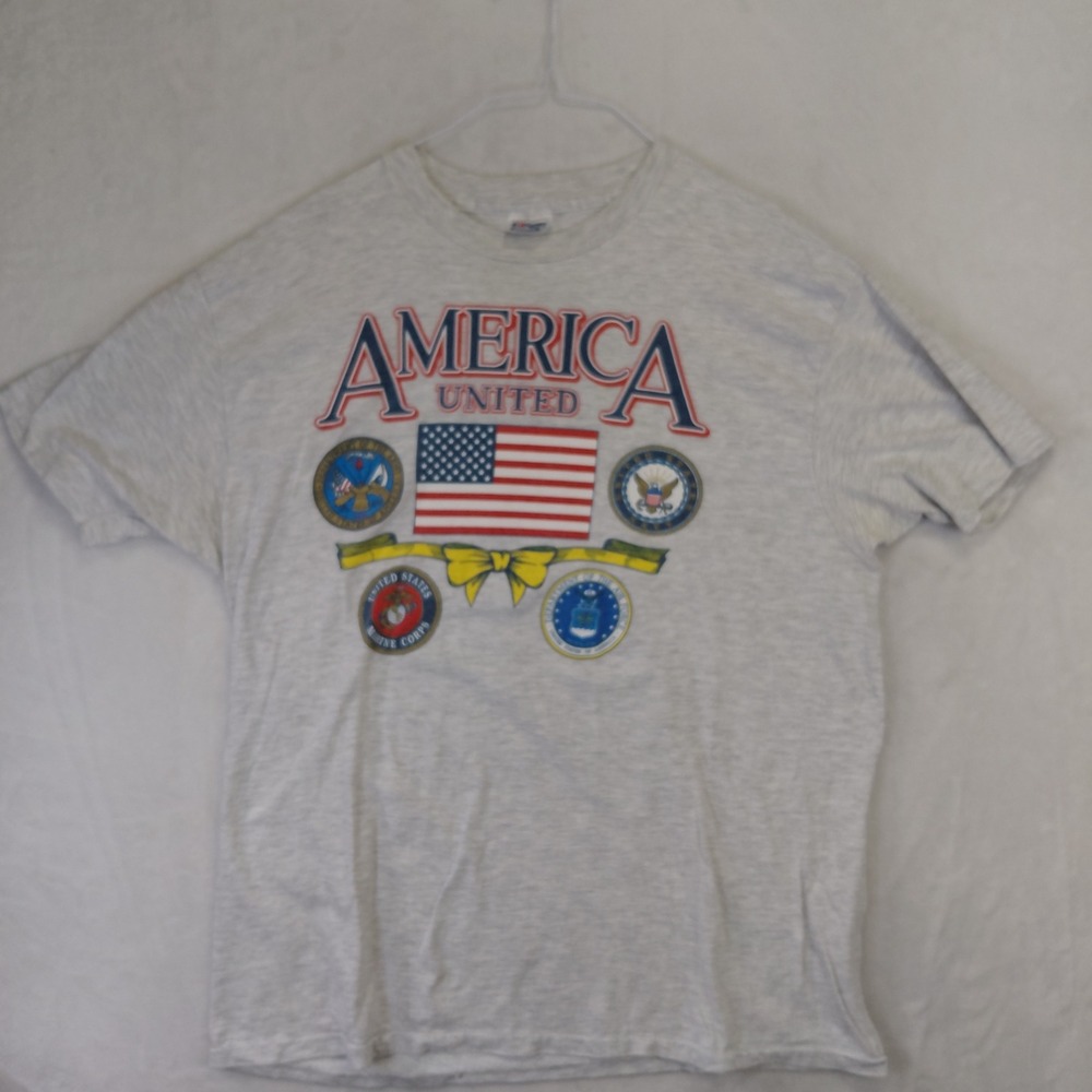 Vintage Hanes Beefy-T America United Military Graphic T-Shirt Gray XXL USA Made